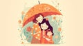 a cute mothers day gift card with a mom under an umbrella and her daughters, ai generated image