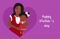 Cute mothers day poster, african american woman hugging her little daughter, flat style, modern illustration, textile