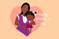 Cute mothers day poster, dark leather mom hugging her little daughter, flat style, modern illustration, textile print