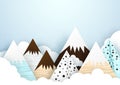 Cute mountain and cloud background. Paper art and origami style