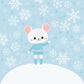 Cute mouse on blue background with snowflakes