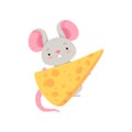 Cute mouse with cheese, funny animal cartoon character vector Illustration on a white background Royalty Free Stock Photo