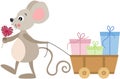 Cute mouse eating lollipop pulling wooden small cart with gifts