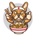 angry french buldog eating yummy ramen noodle illustration