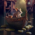 Generative AI: cute mouse in a fantasy boat with waterlilly in a pond