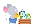 Cute Mouse Gardener Cut Plant with Pruner Vector Illustration