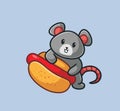 cute mouse get a hotdog for a dinner. isolated cartoon animal nature illustration. Flat Style suitable for Sticker Icon Design