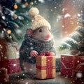 Cute mouse with a gift box and snowfall. Winter background