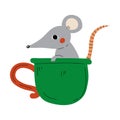 Cute Mouse in Green Teacup, Adorable Little Cartoon Animal Character Sitting in Coffee Mug Vector Illustration