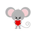 Cute mouse with heart in paw isolated on white background.
