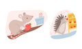 Cute Mouse and Hedgehog in Its Cosy Burrow or House Vector Set