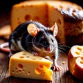 Cute mouse holding precious cheese, their valuable treasure