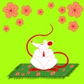 Cute mouse meditates on a carpet against a background of flowers