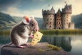 cute mouse nibbling at piece of cheese, with view of medieval castle in the background