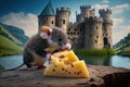 cute mouse nibbling at piece of cheese, with view of medieval castle in the background