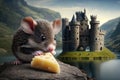 cute mouse nibbling at piece of cheese, with view of medieval castle in the background