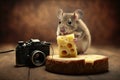 cute mouse nibbling on piece of cheese, with vintage camera in the background