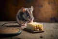 cute mouse nibbling on slice of cheese in kitchen