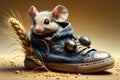 cute mouse in an old shoe among the ears of wheat