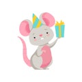 Cute mouse in party hat holding gift box, funny animal cartoon character vector Illustration on a white background Royalty Free Stock Photo