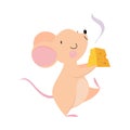 Cute Mouse with Pointed Snout and Rounded Ears Carrying Cheese Slab Vector Illustration