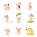 Cute Mouse with Pointed Snout and Rounded Ears Holding Heart and Nibbling Cheese Slab Vector Set