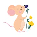 Cute Mouse with Pointed Snout and Rounded Ears Smelling Flower Vector Illustration