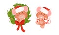 Cute Mouse with Protruding Ears in Red Hat Carrying Candy Cane and Looking Out of Fir Wreath Vector Set