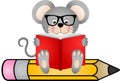 Cute mouse reading book sitting on pencil Royalty Free Stock Photo