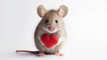 Cute mouse with red heart on white background. Love from hamster. Valentine