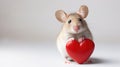 Cute mouse with red heart on white background. Love from hamster. Valentine