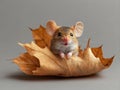 A cute mouse is sitting on a dry autumn leaf, isolated on grey background Royalty Free Stock Photo