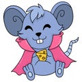 Cute mouse is sitting happy bringing cheese to eat, doodle icon image kawaii