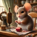 Cute mouse tailor threading needle in the workshop