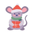 cute mouse wearing scarf and winter had holding christmas gift box present vector animal illustration design Royalty Free Stock Photo