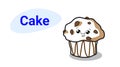 Cute muffin cake cartoon comic character with smiling face tasty cupcake happy emoji kawaii hand drawn style sweet