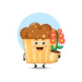 Cute muffin character carrying flowers