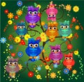 Four couples of owls sitting on branches. Nice elements for scrapbook, greeting cards, invitations, Valentine\'s cards etc Royalty Free Stock Photo