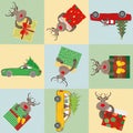 Cute multicolor cartoon reindeer with presents and cars. Geometric patchwork style. Seamless vector pattern on pastel Royalty Free Stock Photo