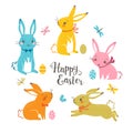 Cute multicolored Easter bunnies isolated on white background