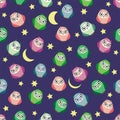 Cute multicolored owls at night with stars, clouds and moon. Seamless pattern in cartoon style, childish seamless Royalty Free Stock Photo