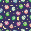 Cute multicolored owls at night with stars, clouds and moon. Seamless pattern in cartoon style, childish seamless Royalty Free Stock Photo