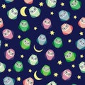 Cute multicolored owls at night with stars, clouds and moon. Seamless pattern in cartoon style, childish seamless Royalty Free Stock Photo