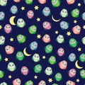 Cute multicolored owls at night with stars, clouds and moon. Seamless pattern in cartoon style, childish seamless Royalty Free Stock Photo