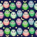 Cute multicolored owls at night with stars, clouds and moon. Seamless pattern in cartoon style, childish seamless Royalty Free Stock Photo