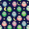 Cute multicolored owls at night with stars, clouds and moon. Seamless pattern in cartoon style, childish seamless Royalty Free Stock Photo