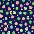 Cute multicolored owls at night with stars, clouds and moon. Seamless pattern in cartoon style, childish seamless Royalty Free Stock Photo