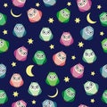 Cute multicolored owls at night with stars, clouds and moon. Seamless pattern in cartoon style, childish seamless Royalty Free Stock Photo