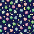 Cute multicolored owls at night with stars, clouds and moon. Seamless pattern in cartoon style, childish seamless Royalty Free Stock Photo