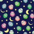 Cute multicolored owls at night with stars, clouds and moon. Seamless pattern in cartoon style, childish seamless Royalty Free Stock Photo